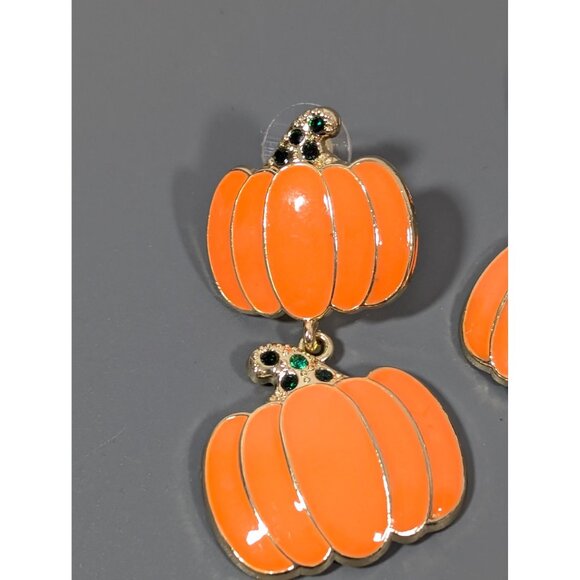 Orange Pumpkin Stacked Dangle Pierced Earrings Halloween Fall Autumn - Picture 4 of 6